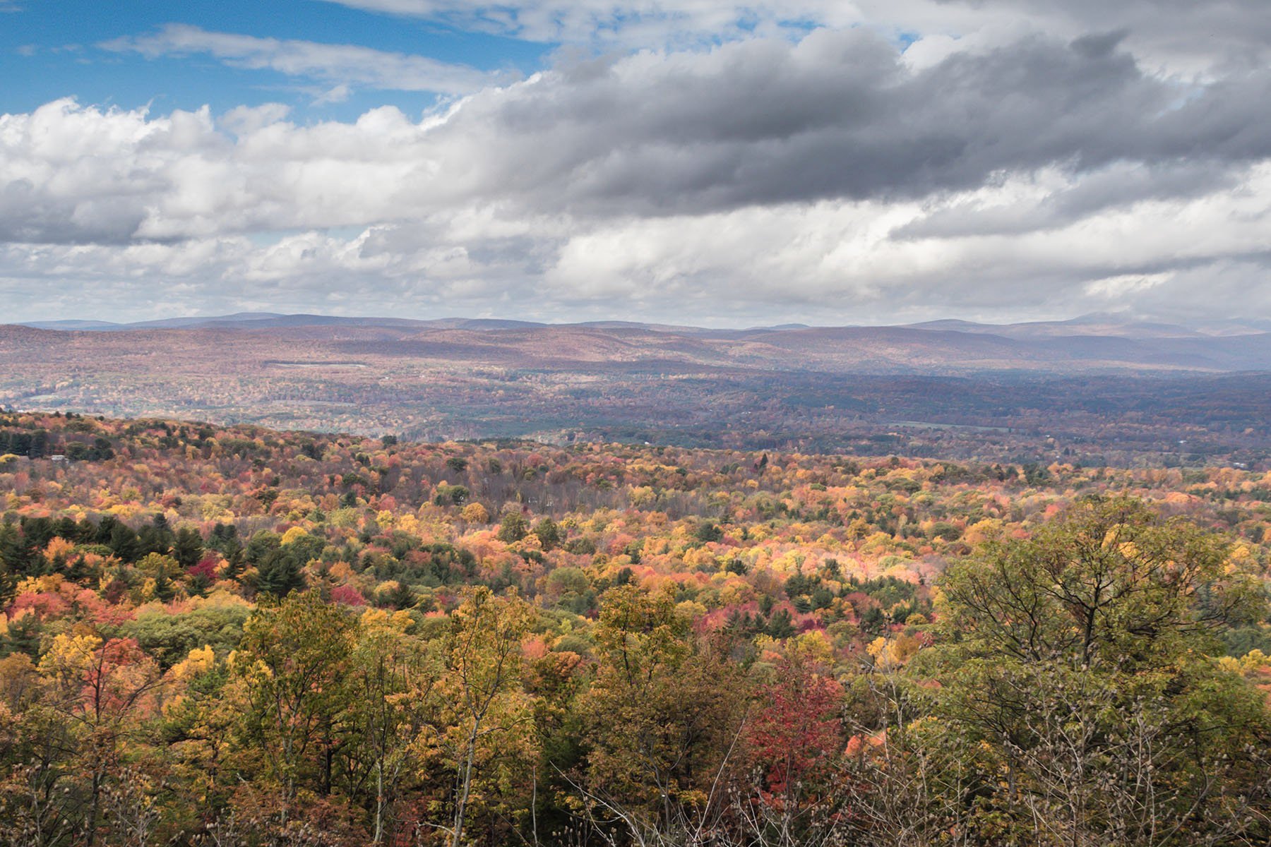 A scenic overlook displays brilliant fall foliage under bright a