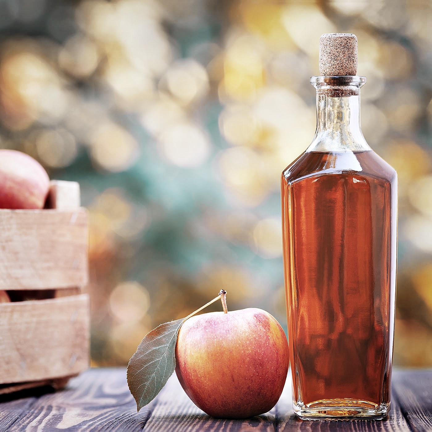 apple cider or vinegar in glass bottle and ripe fresh apples on wooden table outdoors