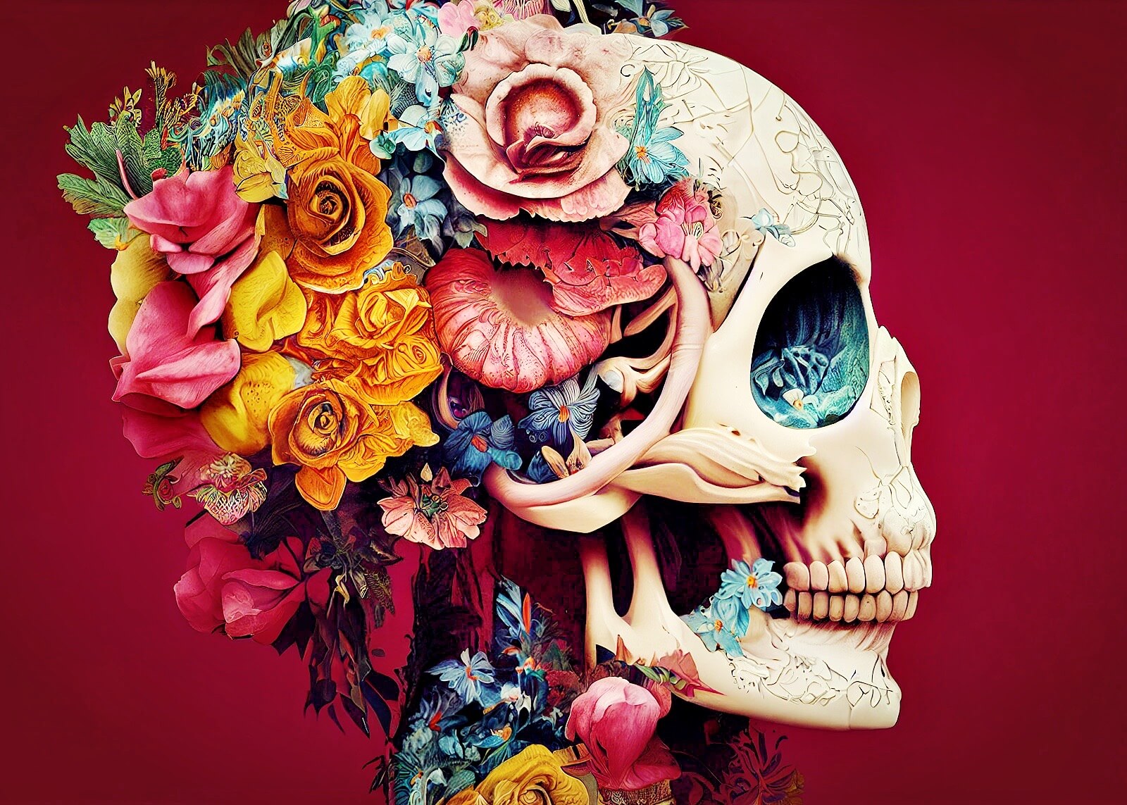 Calavera sugar skull 3D computer-generated image made to look hyperrealistic in a unique artistic style, isolated, floral skull for dia de los muertos.