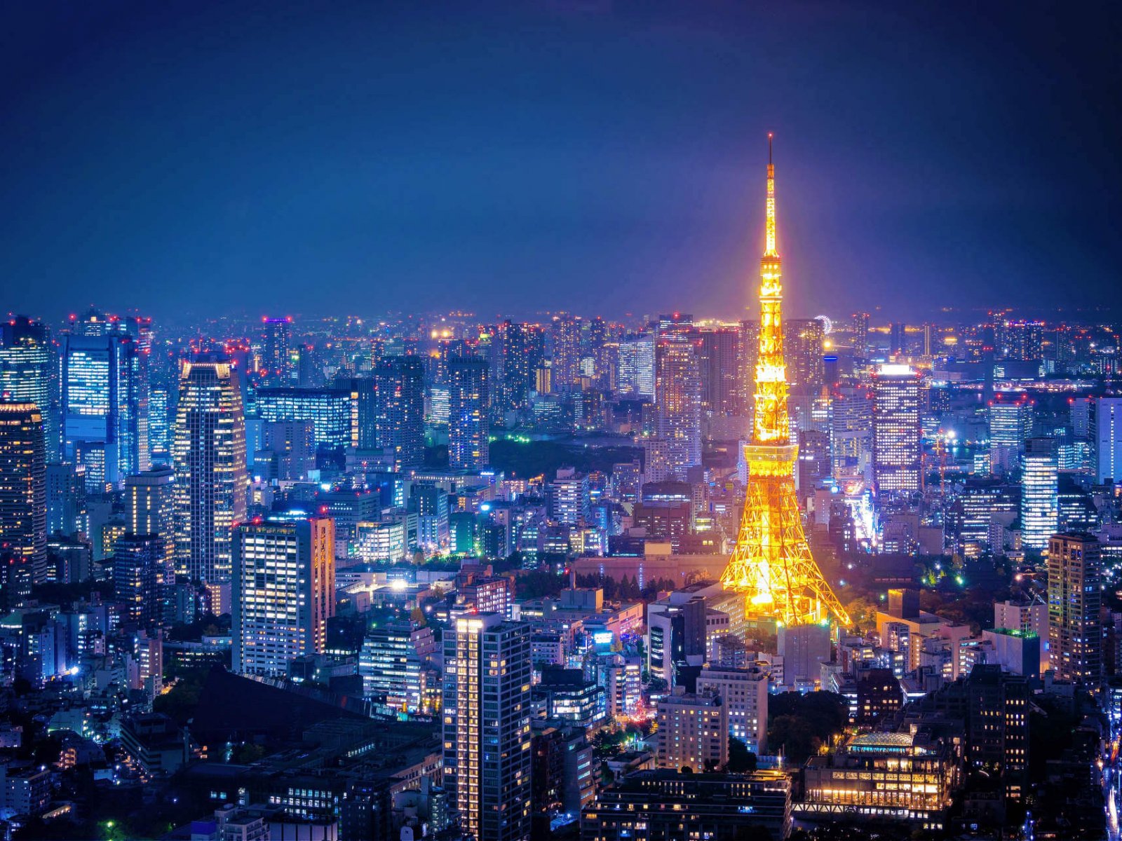Aerial view over Tokyo tower and Tokyo cityscape view from Roppongi Hills at night in Tokyo at Japan